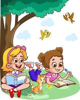 Children learn from books. Boy and girl reading fairy tales together. Colorful cartoon characters. Funny vector illustration. Isolated on white background