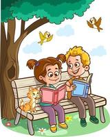 Children learn from books. Boy and girl reading fairy tales together. Colorful cartoon characters. Funny vector illustration. Isolated on white background