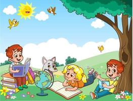 Children learn from books. Boy and girl reading fairy tales together. Colorful cartoon characters. Funny vector illustration. Isolated on white background