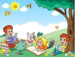 Children learn from books. Boy and girl reading fairy tales together. Colorful cartoon characters. Funny vector illustration. Isolated on white background