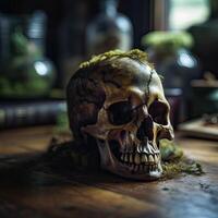 antiguo cráneo en mesa. generativo ai. foto