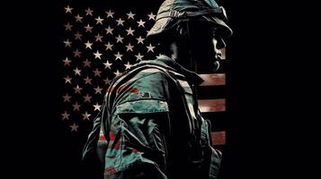 ilustración de Estados Unidos Ejército soldado con nación bandera. saludo tarjeta para veteranos día , monumento día, independencia día . America celebracion. generativo ai. foto