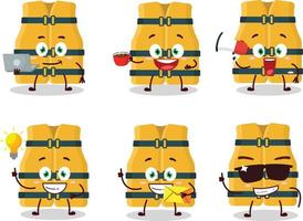 Life vest cartoon character with various types of business emoticons vector