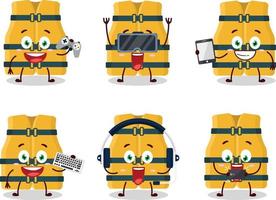 Life vest cartoon character are playing games with various cute emoticons vector