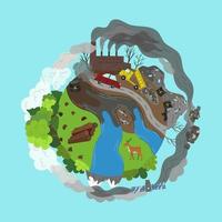 Environmental pollution concept. The planet is divided into two parts, polluted by harmful garbage and a purely green part. Flat vector illustration