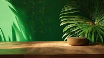 wooden table for show product display and presentation, summer and palm leaves background, copy space. . photo