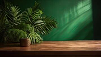 wooden table for show product display and presentation, summer and palm leaves background, copy space. . photo