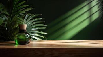 wooden table for show product display and presentation, summer and palm leaves background, copy space. . photo
