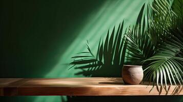 wooden table for show product display and presentation, summer and palm leaves background, copy space. . photo