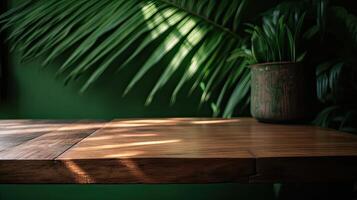 wooden table for show product display and presentation, summer and palm leaves background, copy space. . photo