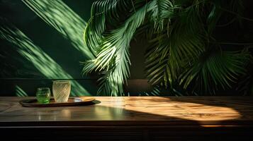 wooden table for show product display and presentation, summer and palm leaves background, copy space. . photo