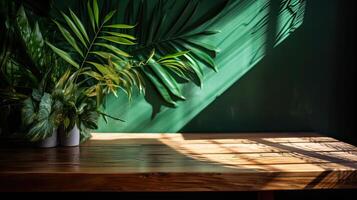 wooden table for show product display and presentation, summer and palm leaves background, copy space. . photo