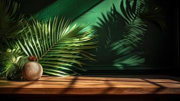 wooden table for show product display and presentation, summer and palm leaves background, copy space. . photo