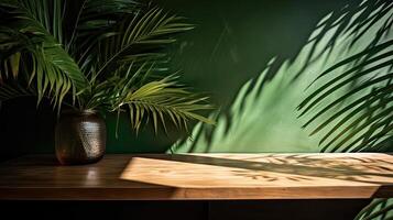 wooden table for show product display and presentation, summer and palm leaves background, copy space. . photo