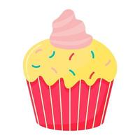 Sweet delicious cupcake with cream and multicolored sugar sprinkles. Vector illustration in the flat style.