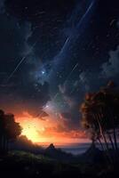 Meteorite in the sky. A bright meteor against the background of stars. A beautiful falling star. . photo