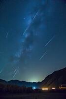 Meteorite in the sky. A bright meteor against the background of stars. A beautiful falling star. . photo