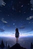 illustration of A Girl standing over the city and looking at the Moon and stars over the city horizon. . photo