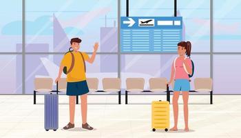 Couple at the airport going in vacation. Travel, vacation, journey concept illustration. vector
