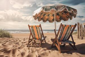 playa sillas en el blanco arena playa con nublado azul cielo y Dom. sillas y paraguas en un hermosa tropical playa. generativo ai. foto