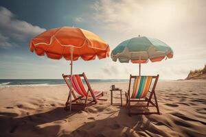 Beach chairs on the white sand beach with cloudy blue sky and sun. Chairs and umbrella on a beautiful tropical beach. . photo