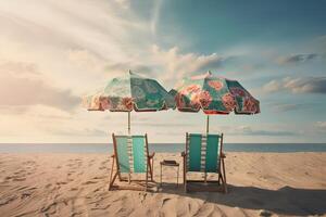 Beach chairs on the white sand beach with cloudy blue sky and sun. Chairs and umbrella on a beautiful tropical beach. . photo