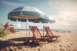 Beach chairs on the white sand beach with cloudy blue sky and sun. Chairs and umbrella on a beautiful tropical beach. . photo