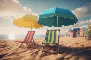 Beach chairs on the white sand beach with cloudy blue sky and sun. Chairs and umbrella on a beautiful tropical beach. . photo