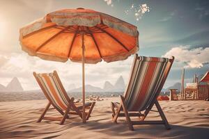 Beach chairs on the white sand beach with cloudy blue sky and sun. Chairs and umbrella on a beautiful tropical beach. Generative Ai. photo