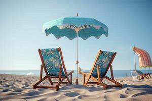 Beach chairs on the white sand beach with cloudy blue sky and sun. Chairs and umbrella on a beautiful tropical beach. . photo