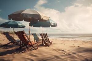 Beach chairs on the white sand beach with cloudy blue sky and sun. Chairs and umbrella on a beautiful tropical beach. . photo