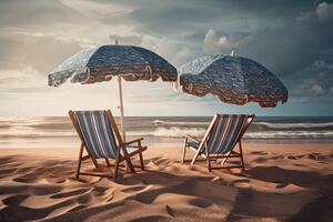Beach chairs on the white sand beach with cloudy blue sky and sun. Chairs and umbrella on a beautiful tropical beach. . photo