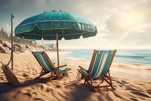 Beach chairs on the white sand beach with cloudy blue sky and sun. Chairs and umbrella on a beautiful tropical beach. . photo