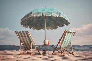 Beach chairs on the white sand beach with cloudy blue sky and sun. Chairs and umbrella on a beautiful tropical beach. . photo