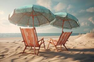 Beach chairs on the white sand beach with cloudy blue sky and sun. Chairs and umbrella on a beautiful tropical beach. . photo