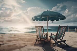 Beach chairs on the white sand beach with cloudy blue sky and sun. Chairs and umbrella on a beautiful tropical beach. . photo