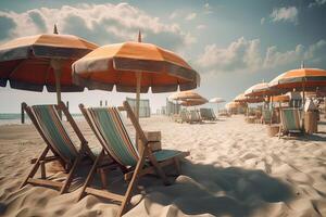 Beach chairs on the white sand beach with cloudy blue sky and sun. Chairs and umbrella on a beautiful tropical beach. Generative Ai. photo