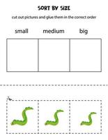 Cut out pictures and sort them by size. Small, medium or big. Educational worksheet. vector