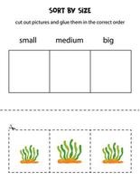 Sort cute cartoon sea weeds by size. Educational worksheet for kids. vector