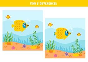 Find 5 differences between two cute cartoon butterfly fish underwater. vector