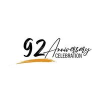 92 year anniversary celebration logo design with black color isolated font and yellow color on white background vector