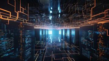 Futuristic technology for processing information analysis and sorting big data, two big databases, sharing and structuring information in digital space, . photo