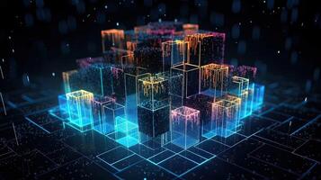 Futuristic technology for processing information analysis and sorting big data, two big databases, sharing and structuring information in digital space, . photo