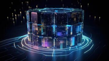 Futuristic technology for processing information analysis and sorting big data, two big databases, sharing and structuring information in digital space, . photo