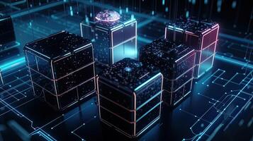 Futuristic technology for processing information analysis and sorting big data, two big databases, sharing and structuring information in digital space, . photo