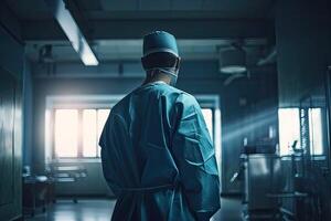 Half body back view of a health care worker standing in a hospital. Non-existent person. . photo