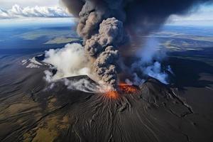 Volcano eruption in Iceland aerial view photo