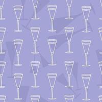 Seamless pattern with doodle champagne glass and champagne glasses silhouettes in the background. Doodle liquor glass, silhouettes of liquor glasses in seamless pattern. vector