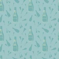 Seamless pattern with doodle champagne bottle with champagne bottle and glasses silhouettes in the background. Doodle liquor bottle, silhouettes of liquor glasses and bottle in seamless pattern. vector