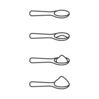 Measuring spoon, line icon set. Empty, half and full teaspoon. Powder of flour, sugar, salt in spoon. Measure powder in cutlery. Soluble food of baking ingredients. Vector illustration